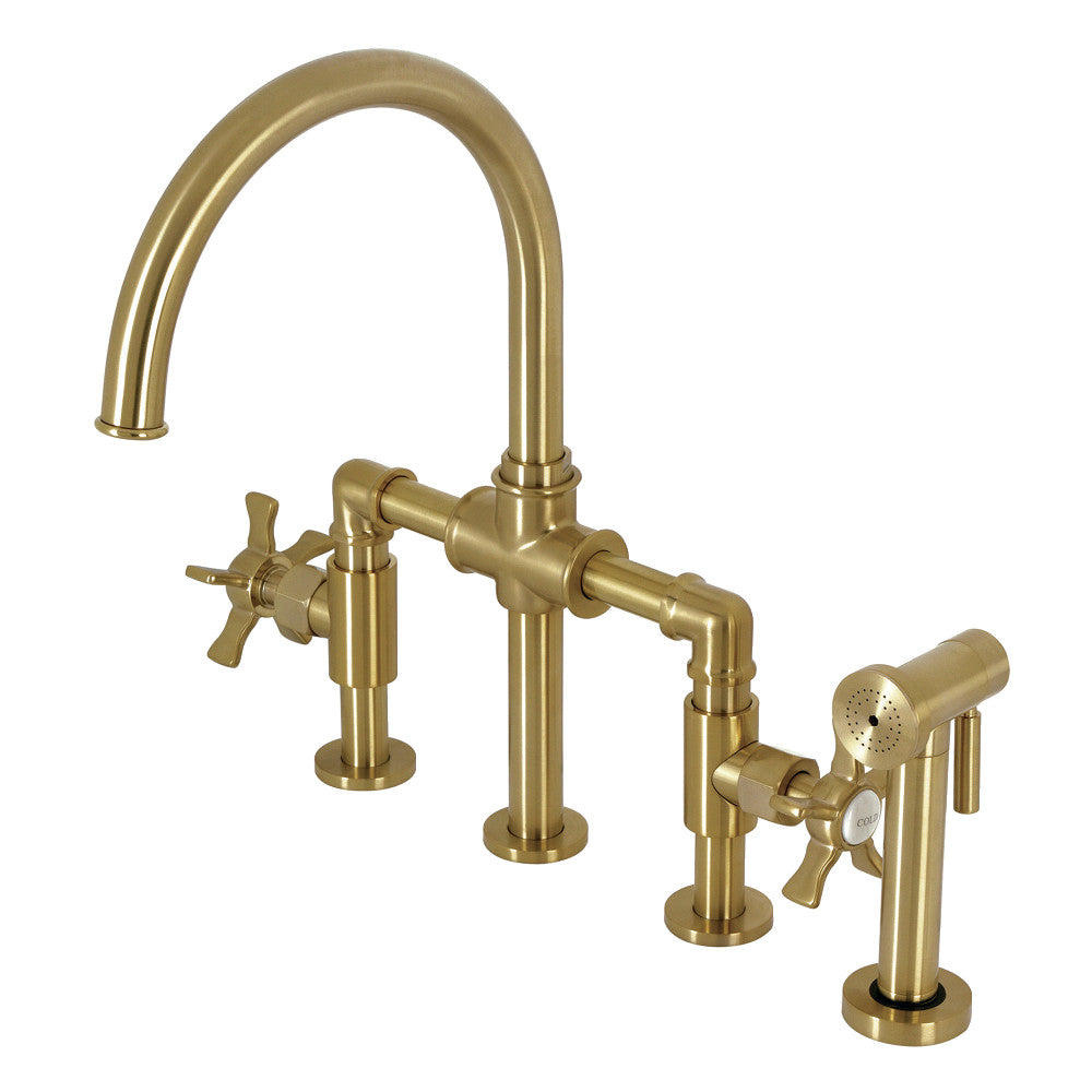 Kingston KS2333NX Hamilton Industrial Style Bridge Kitchen Faucet with Brass Sprayer, Antique Brass