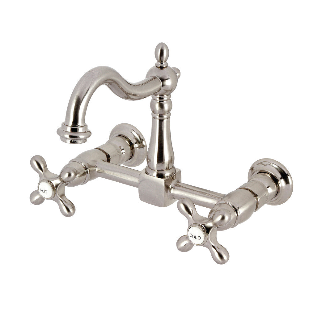 Kingston KS1263AX Heritage Two-Handle Wall Mount Bridge Kitchen Faucet, Antique Brass with brushed nickel finish.