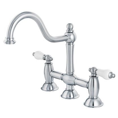 Kingston KS3781PL Restoration Bridge Kitchen Faucet, Polished Chrome with traditional design and detailing.