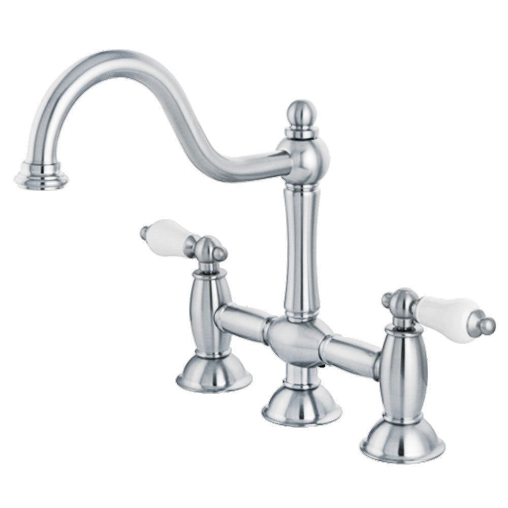 Kingston KS3781PL Restoration Bridge Kitchen Faucet, Polished Chrome with traditional design and detailing.