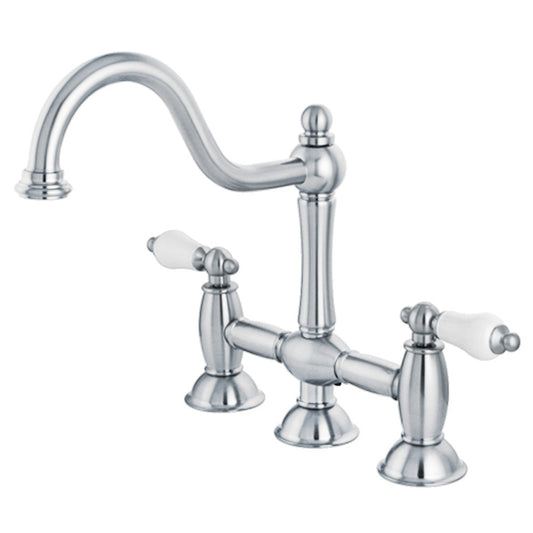 Kingston KS3781PL Restoration Bridge Kitchen Faucet, Polished Chrome with traditional design and detailing.