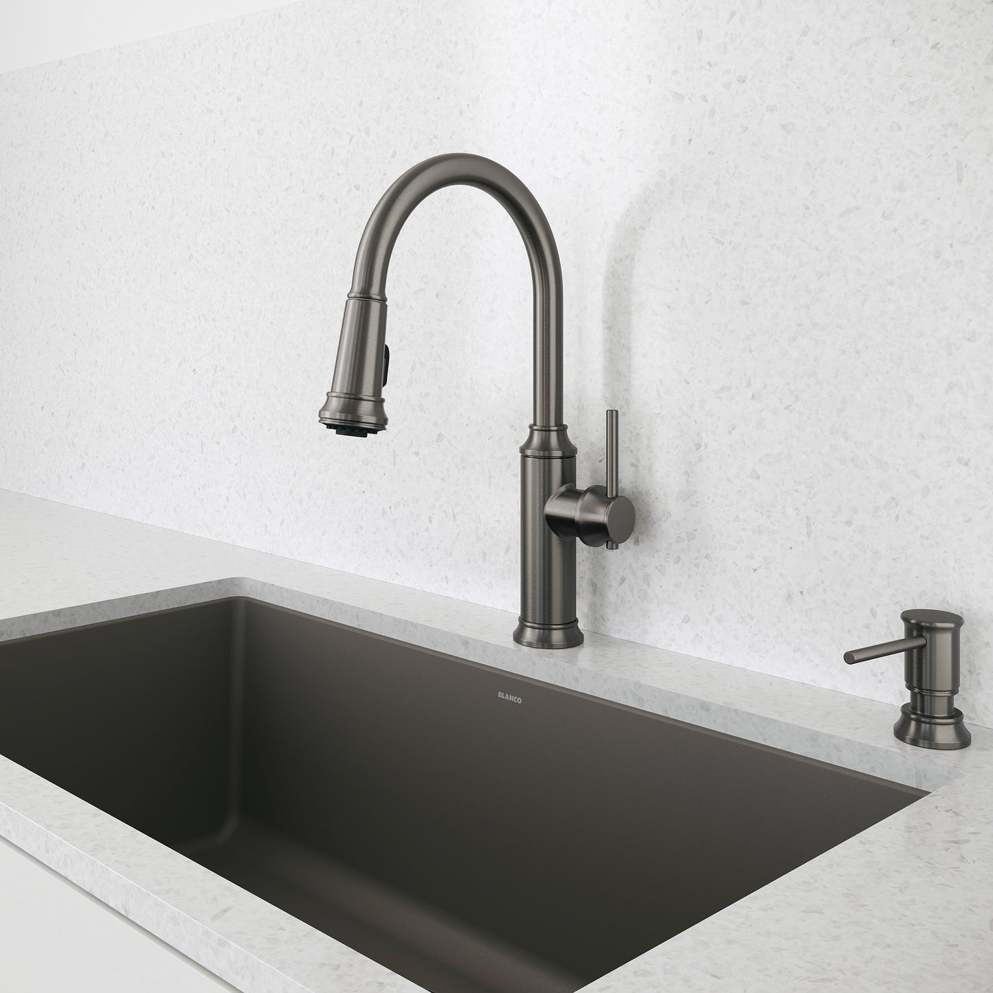 BLANCO Empressa High Arc Pull-Down Dual-Spray Kitchen Faucet in a modern kitchen setting with a sleek design.