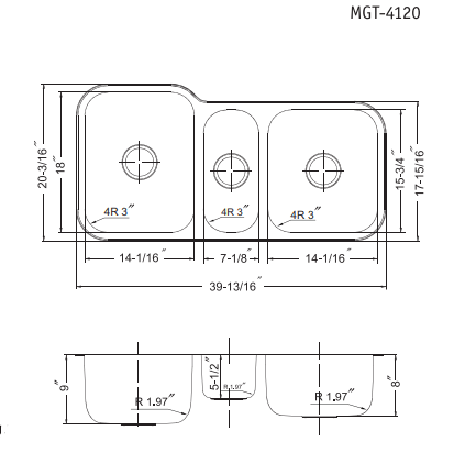 Houzer 40" Stainless Steel Undermount Triple Bowl Kitchen Sink, MGT-4120-1 dimensions and specifications