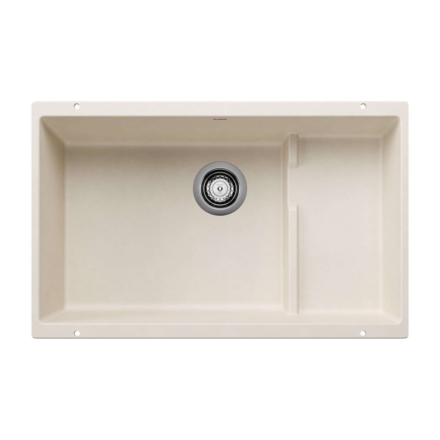 BLANCO Precis Cascade SILGRANIT 29" Single Bowl Undermount Kitchen Sink with Colander in Soft White color.