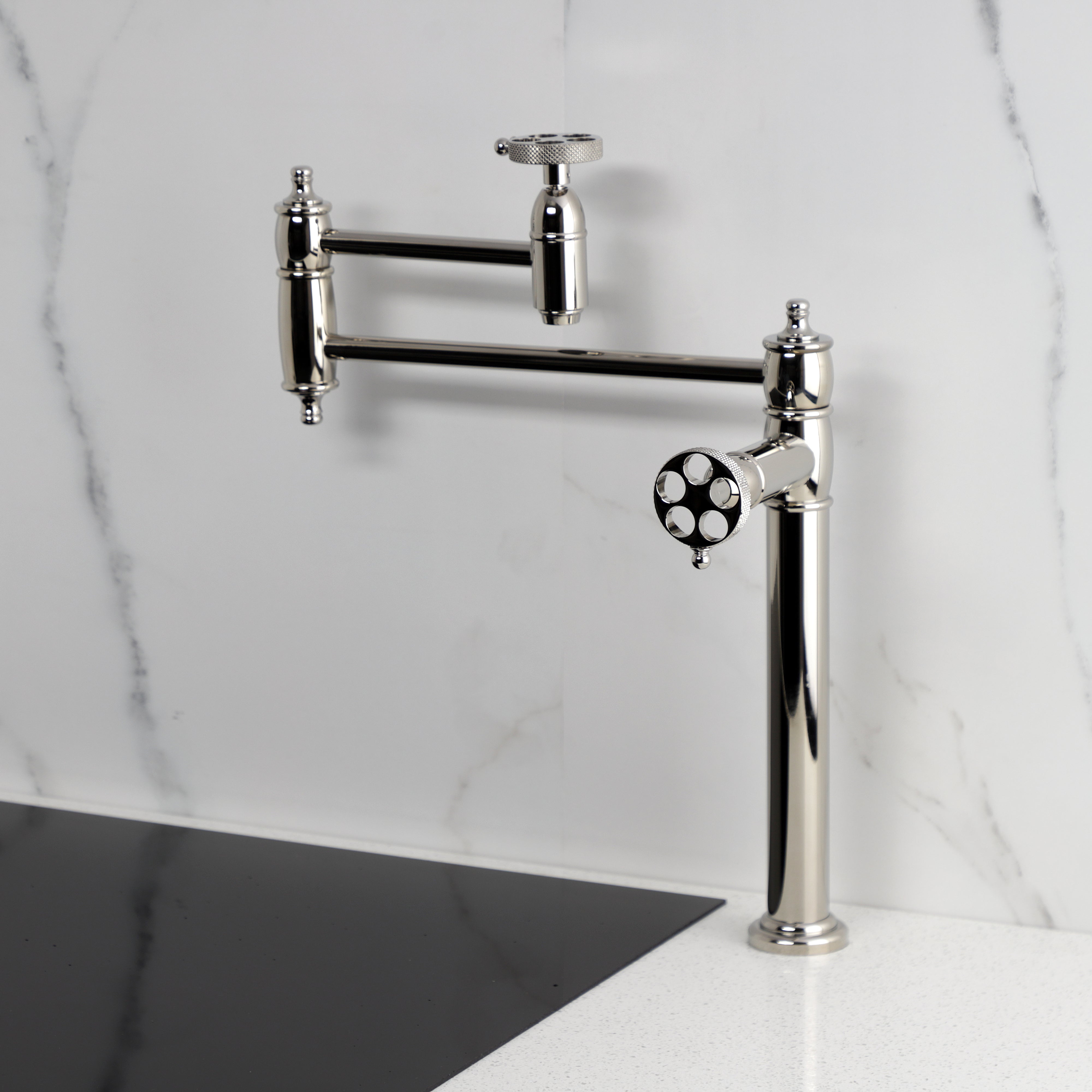 Kingston Brass KS3703RKX Webb Deck Mount Pot Filler Faucet with Knurled Handle, Antique Brass in polished chrome finish.