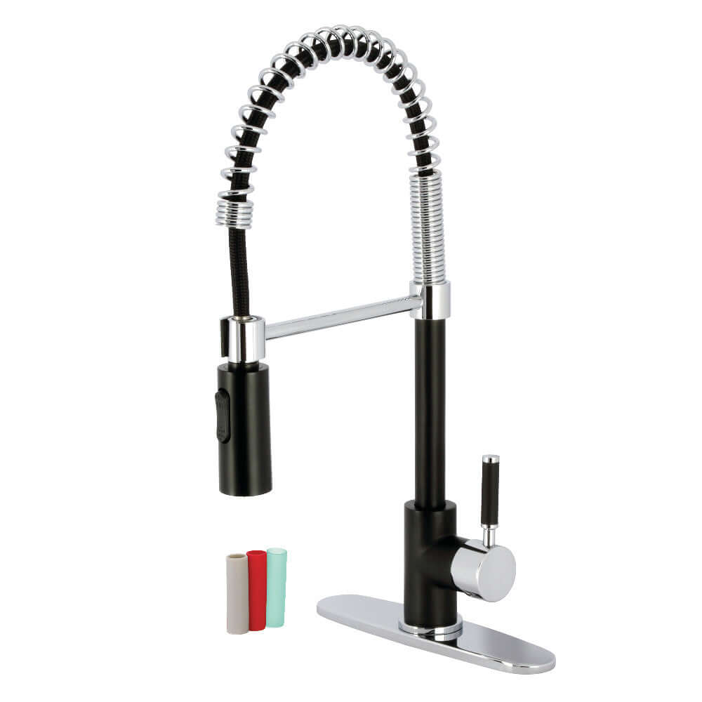Kingston Brass LS8773DKL Kaiser Pre-Rinse Kitchen Faucet with ergonomic handle and high-arching spout. Left side view.