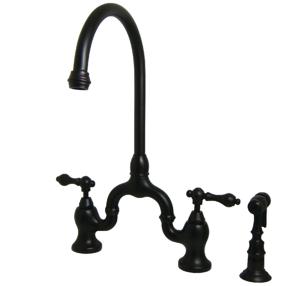 Kingston KS7793ALBS English Country Bridge Kitchen Faucet with Brass Sprayer, Antique Brass in oil rubbed bronze finish.