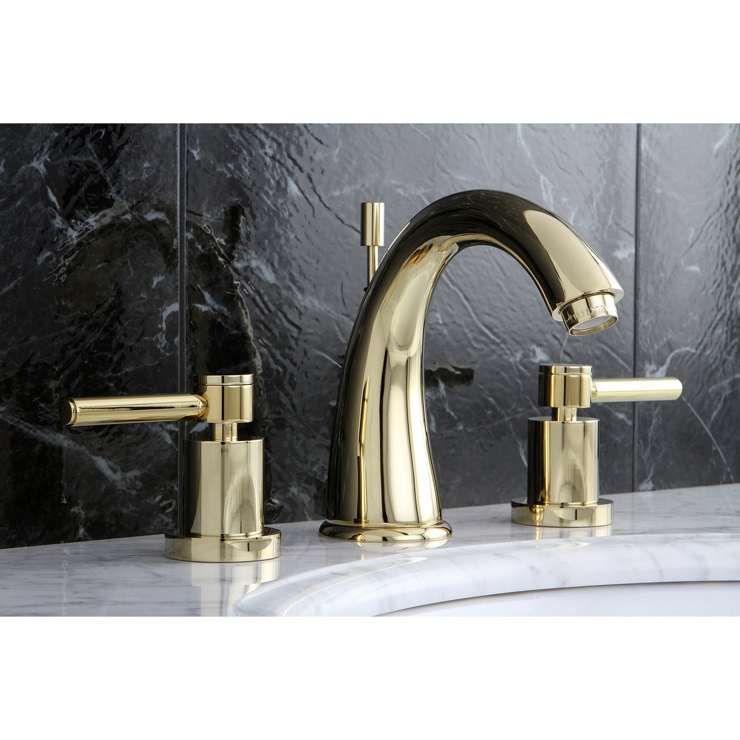 Kingston Brass KS2967DL Concord Widespread Bathroom Faucet left side view capturing its bold cylindrical design.