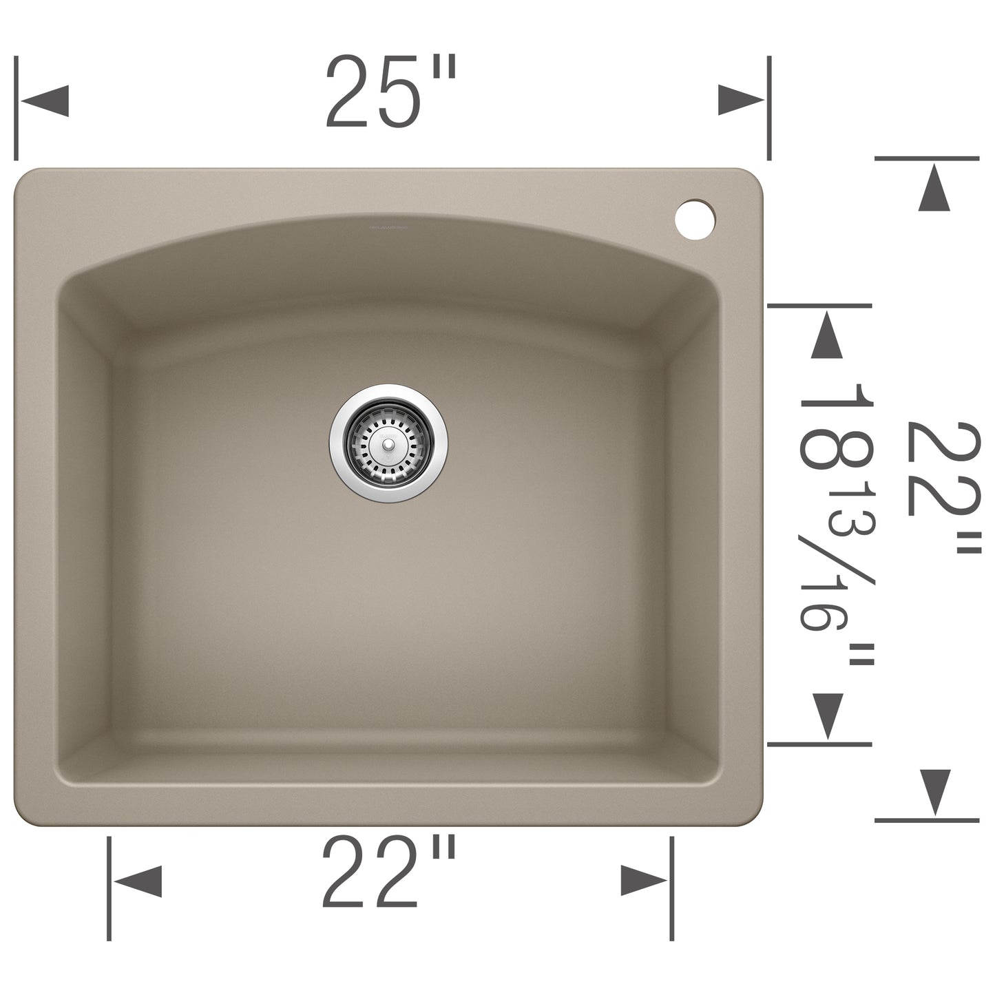 BLANCO Diamond SILGRANIT 25" Single Bowl Dual Mount Kitchen Sink dimensions illustration.