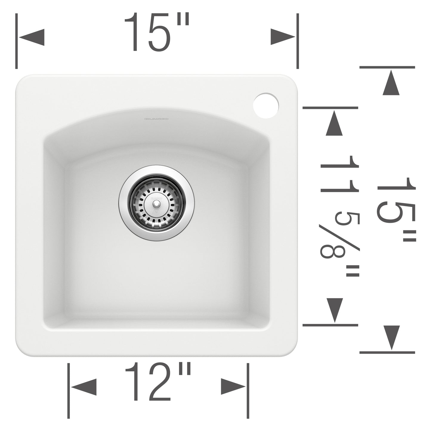 BLANCO Diamond SILGRANIT 15" Dual Mount Bar Sink top view with dimensions labeled 15" x 12".