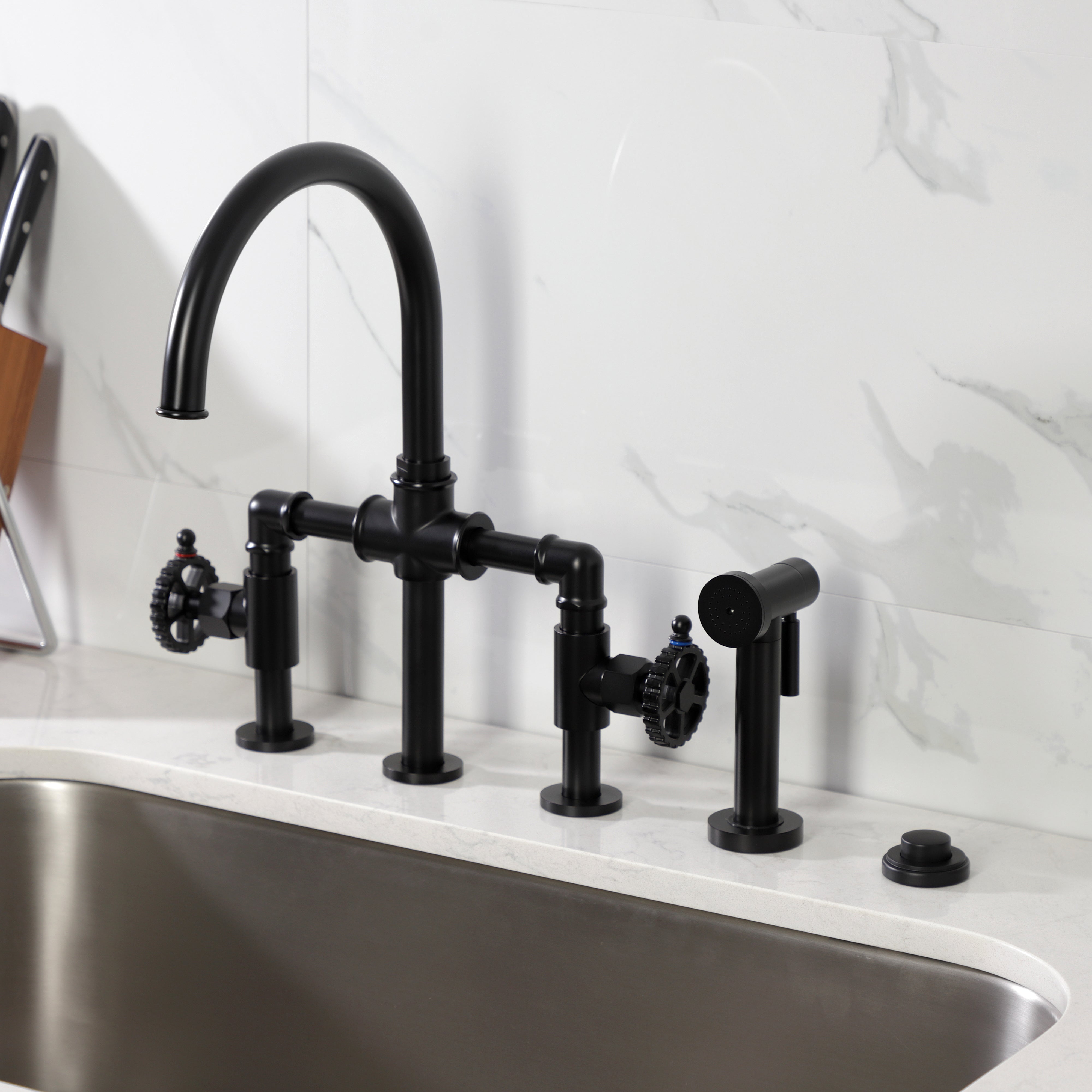 Kingston KS2334CG Fuller Industrial Style Bridge Kitchen Faucet with Brass Sprayer, Black Stainless