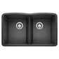 BLANCO Diamond SILGRANIT 32" 50/50 Double Bowl Undermount Kitchen Sink with seamless design and stainless steel drains.
