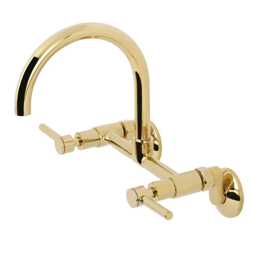 Kingston Brass KS814SB Concord Wall Mount Bridge Kitchen Faucet in a polished gold finish with a high-arc gooseneck.