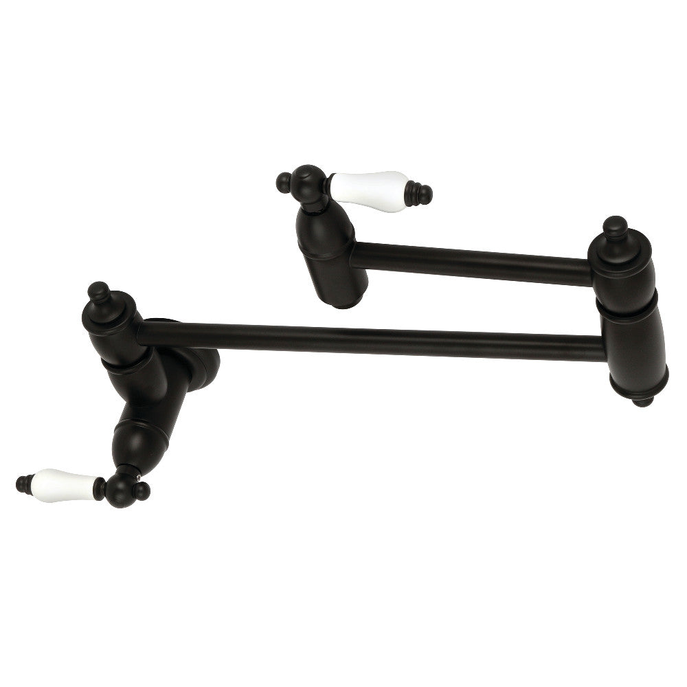 Kingston Brass KS3103PL Restoration Wall Mount Pot Filler Faucet, Antique Brass with matte black finish and dual handles.