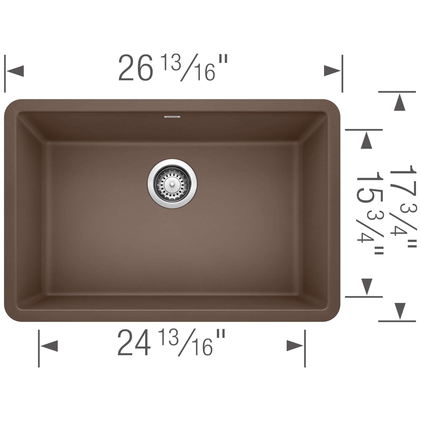 BLANCO PRECIS 27" SILGRANIT Single Bowl Undermount Sink showing dimensions and design features.