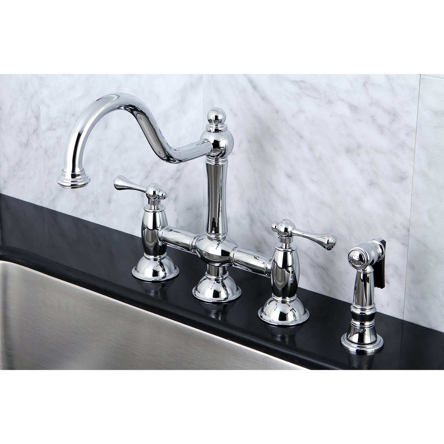 Kingston KS3798BLBS Restoration Bridge Kitchen Faucet with Brass Sprayer, Brushed Nickel