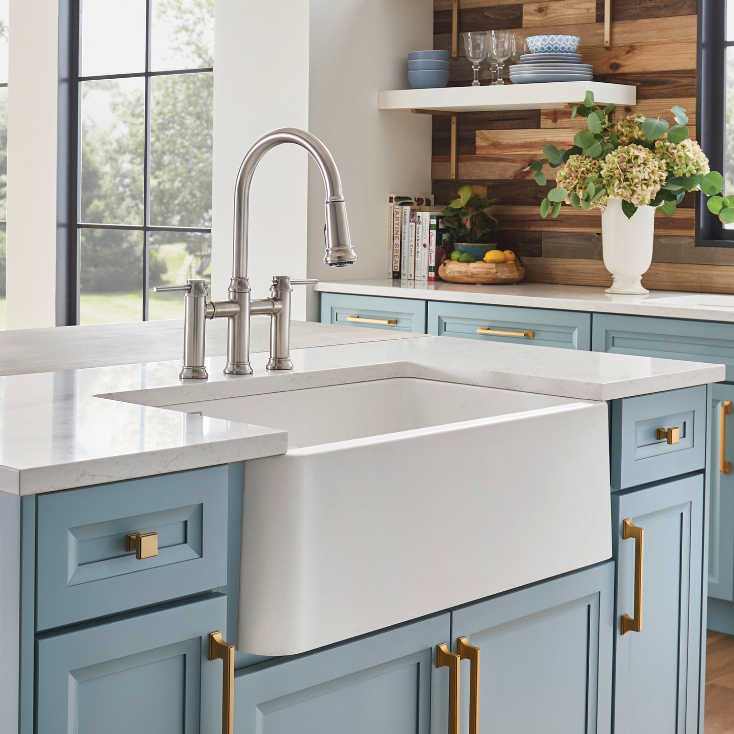 BLANCO Ikon SILGRANIT 33" Double Bowl Apron-Front Farmhouse Sink with Low Divide in kitchen setting