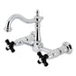Kingston KS1263PKX Duchess Two-Handle Wall Mount Bridge Kitchen Faucet, Antique Brass with black porcelain handles and polished chrome finish.