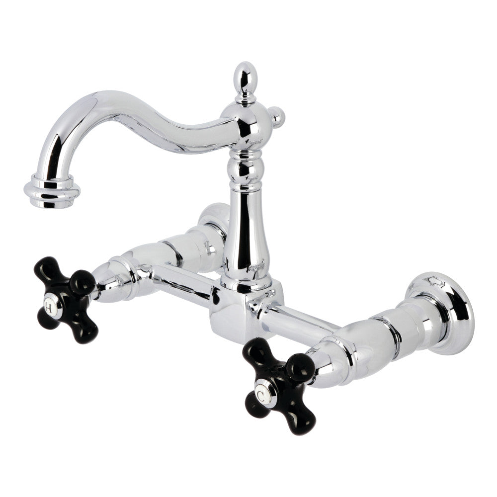 Kingston KS1263PKX Duchess Two-Handle Wall Mount Bridge Kitchen Faucet, Antique Brass with black porcelain handles and polished chrome finish.