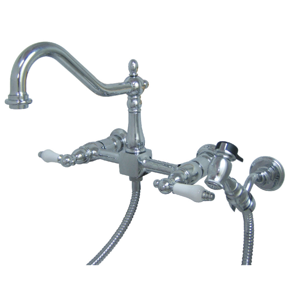 Kingston KS1243PLBS Heritage Two-Handle Wall Mount Bridge Kitchen Faucet with Brass Sprayer, Antique Brass
