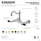 Kingston KS1263PKL Duchess Two-Handle Wall Mount Bridge Kitchen Faucet, Antique Brass with black porcelain handles.