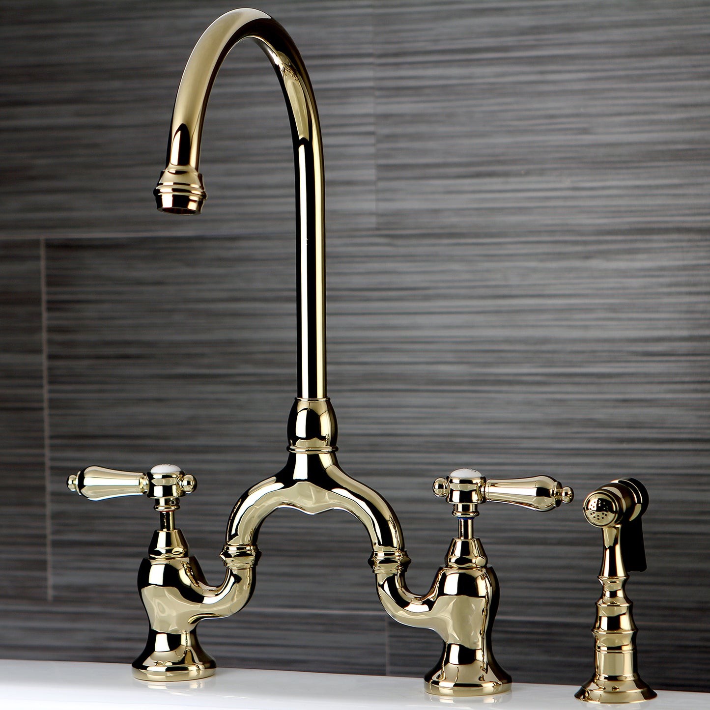 Kingston KS7793BALBS Heirloom Bridge Kitchen Faucet with Brass Sprayer, Antique Brass