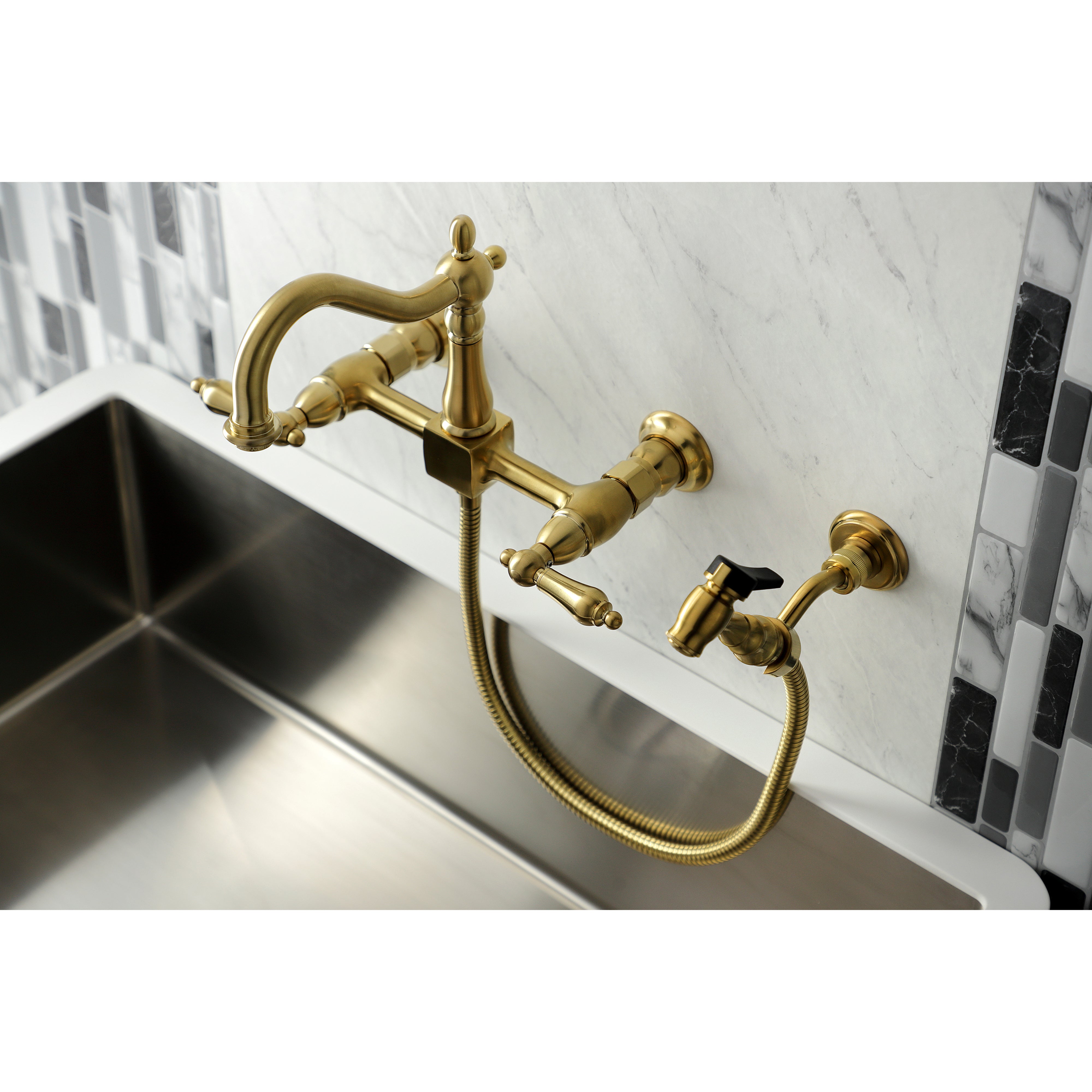 Kingston KS1263ALBS Heritage Two-Handle Wall Mount Bridge Kitchen Faucet with Brass Sprayer, Antique Brass