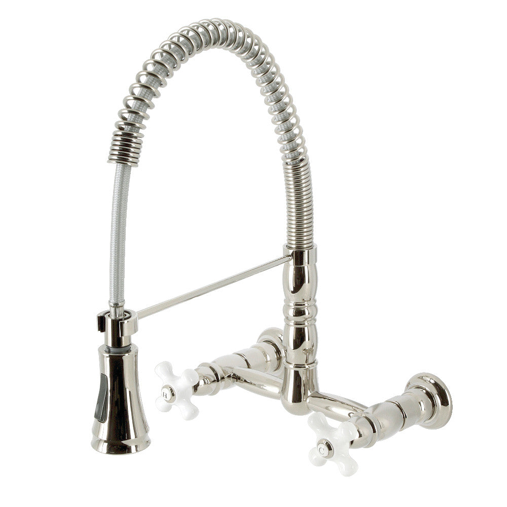 Gourmetier GS1243PX Heritage Double-Handle Wall-Mount Pre-Rinse Bridge Kitchen Faucet, Antique Brass with polished nickel finish.