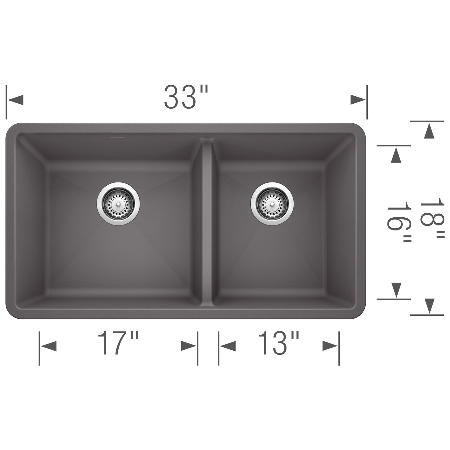BLANCO Precis SILGRANIT 33" 60/40 Double Bowl Undermount Kitchen Sink top view with dimensions