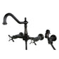 Kingston KS1248BEXBS Essex Two-Handle Wall Mount Bridge Kitchen Faucet with Brass Sprayer, Brushed Nickel and spout.