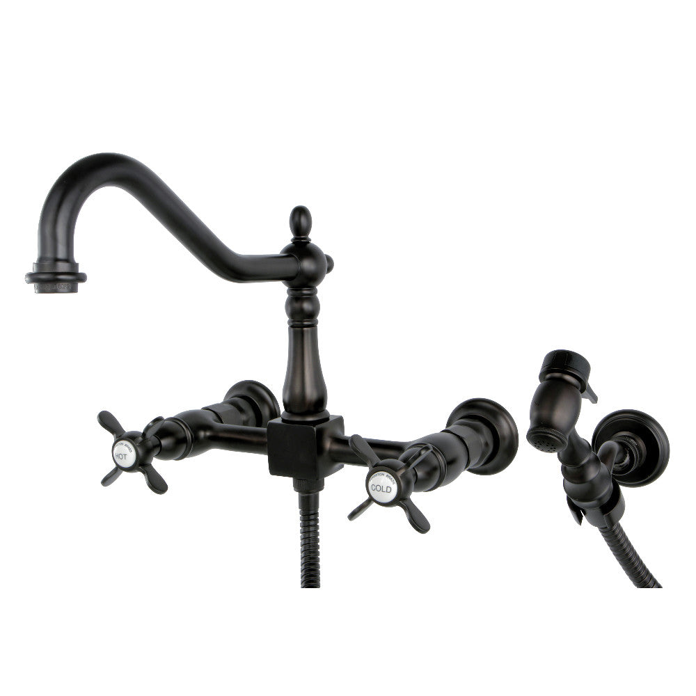Kingston KS1248BEXBS Essex Two-Handle Wall Mount Bridge Kitchen Faucet with Brass Sprayer, Brushed Nickel and spout.