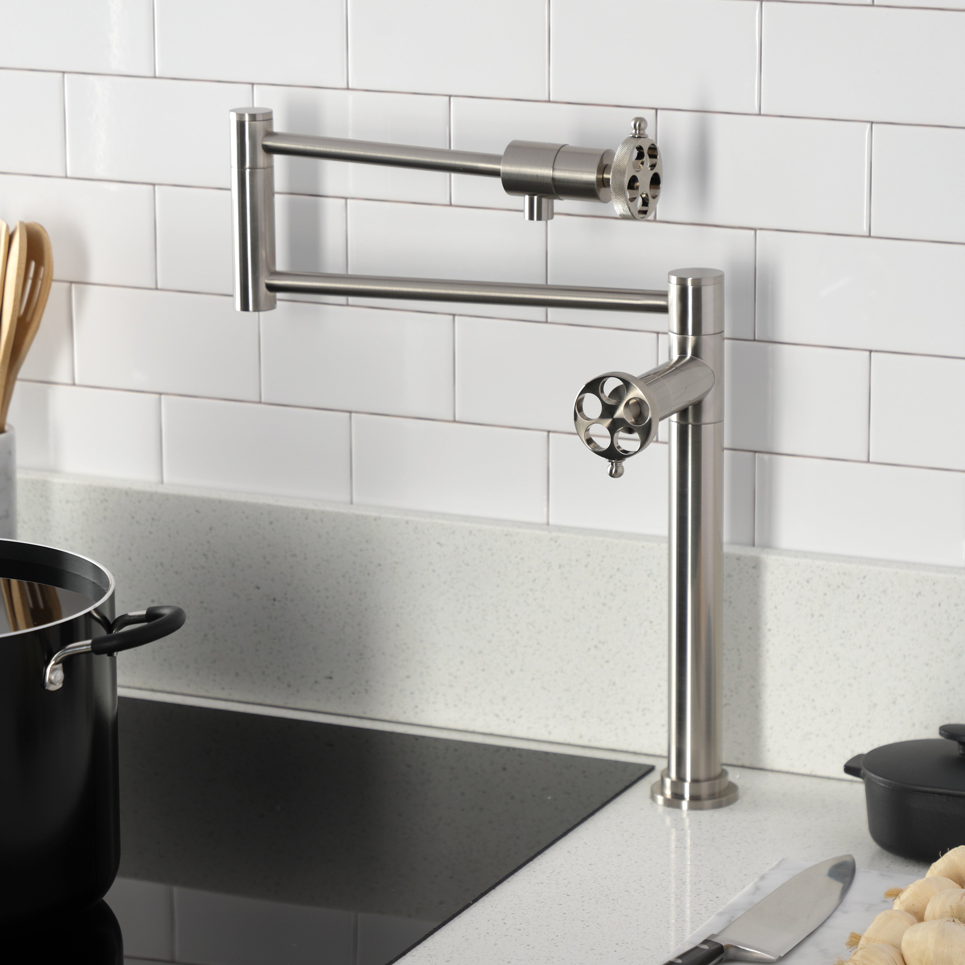 Kingston Brass KS4703RKZ Wendell Deck Mount Pot Filler Faucet with Knurled Handle, Antique Brass
