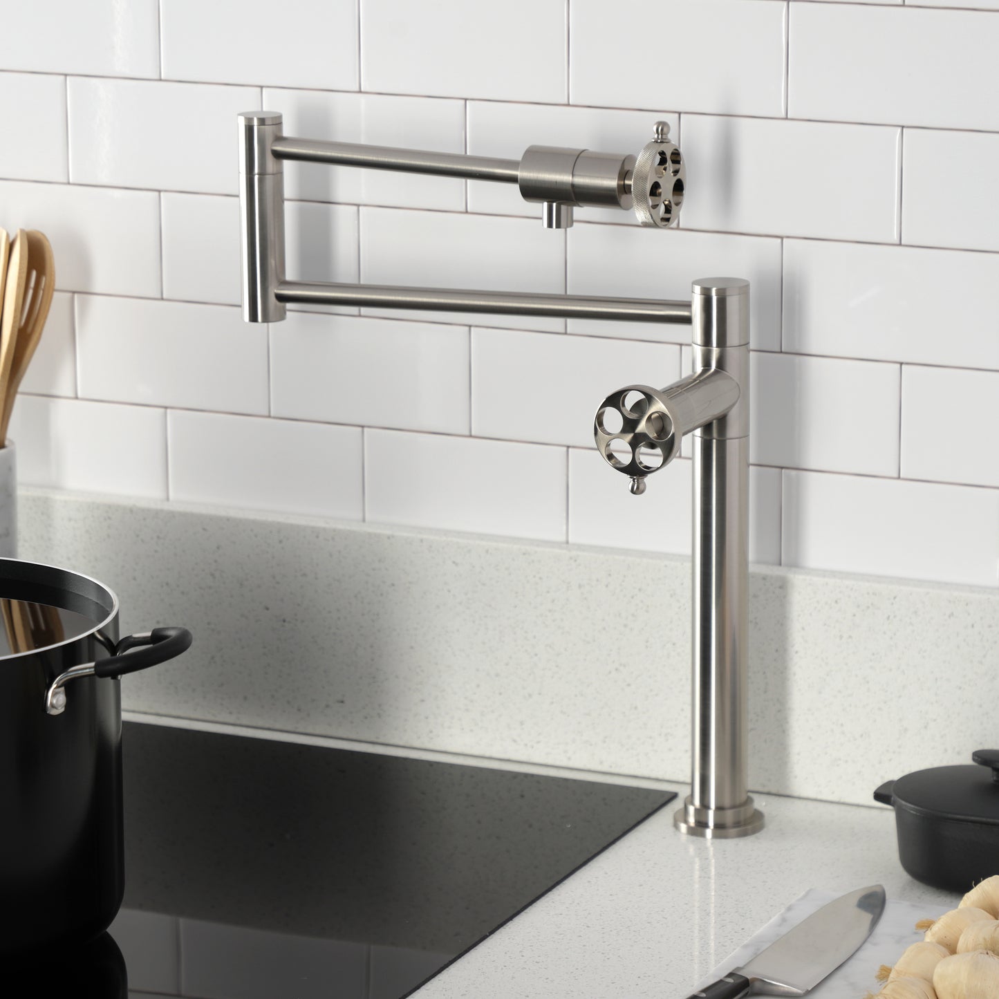 Kingston Brass KS4703RKZ Wendell Deck Mount Pot Filler Faucet with Knurled Handle, Antique Brass