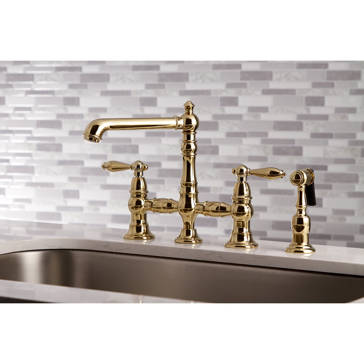 Kingston KS7277ALBS English Country Bridge Kitchen Faucet with Brass Sprayer, Brushed Brass