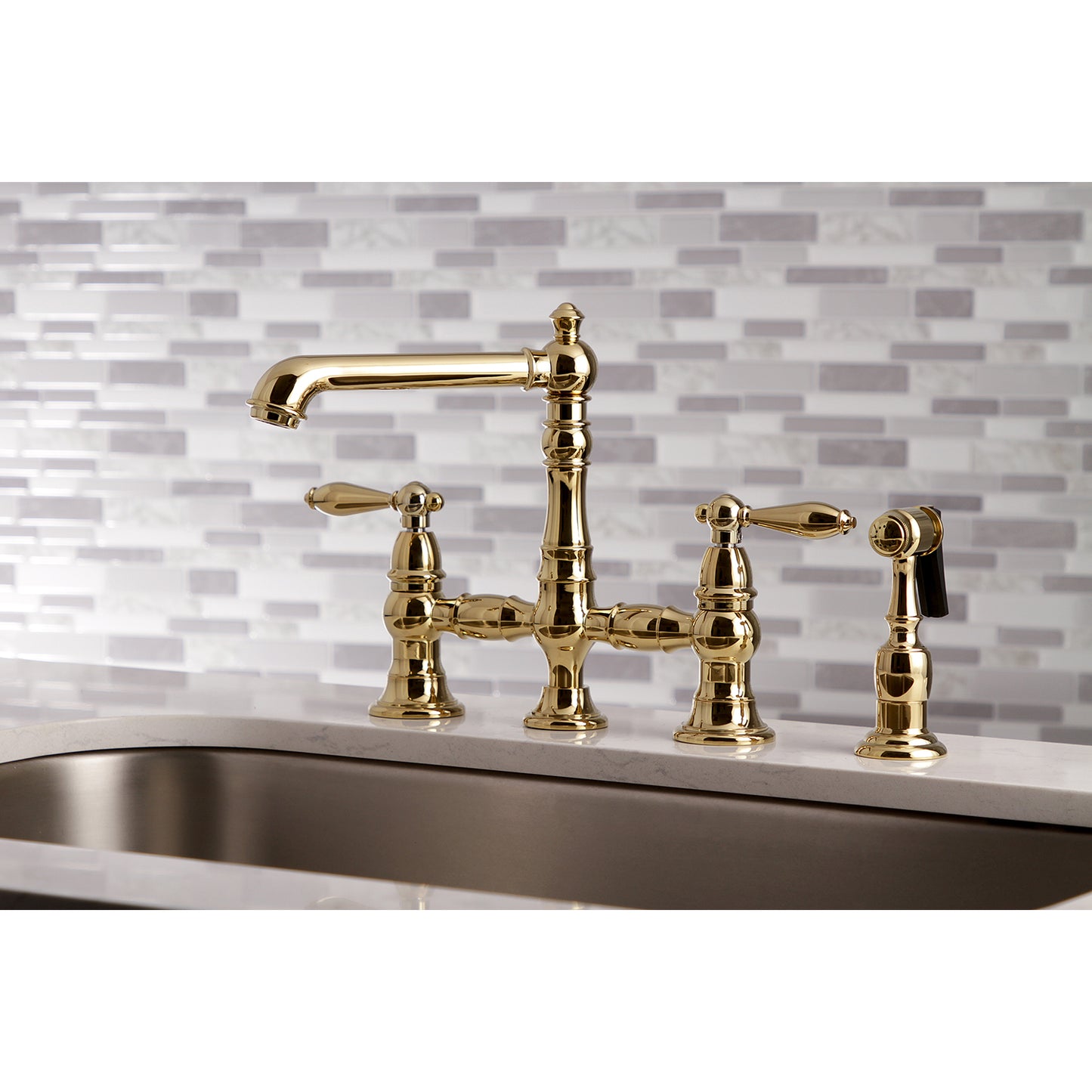 Kingston KS7277ALBS English Country Bridge Kitchen Faucet with Brass Sprayer, Brushed Brass