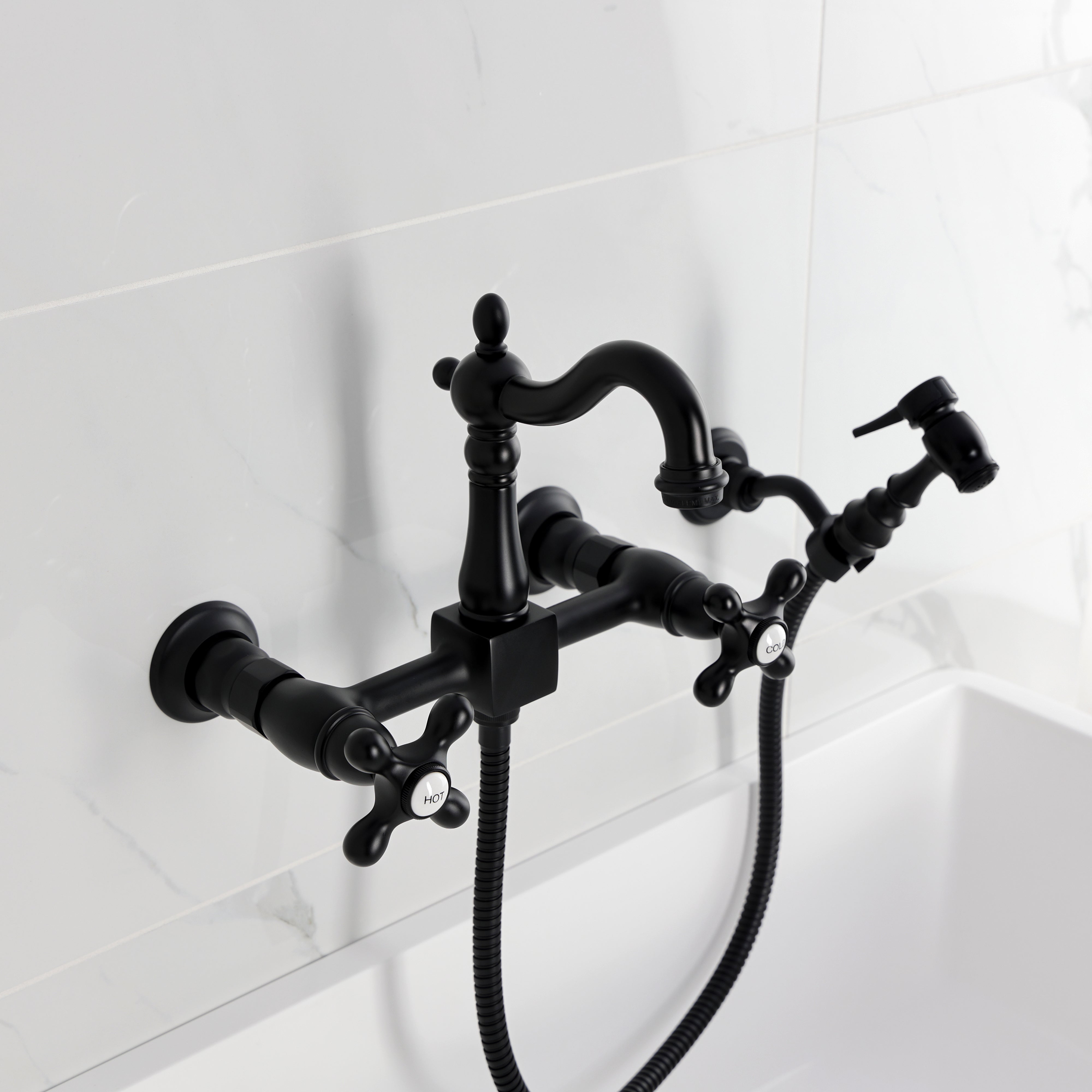 Kingston KS2443AXBS Heritage Two-Handle Wall Mount Bridge Kitchen Faucet with Brass Sprayer, Antique Brass in black finish