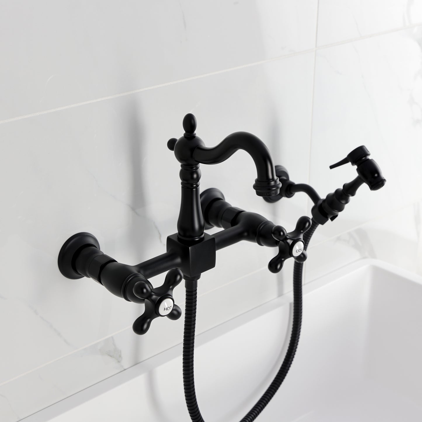 Kingston KS2443AXBS Heritage Two-Handle Wall Mount Bridge Kitchen Faucet with Brass Sprayer, Antique Brass in black finish