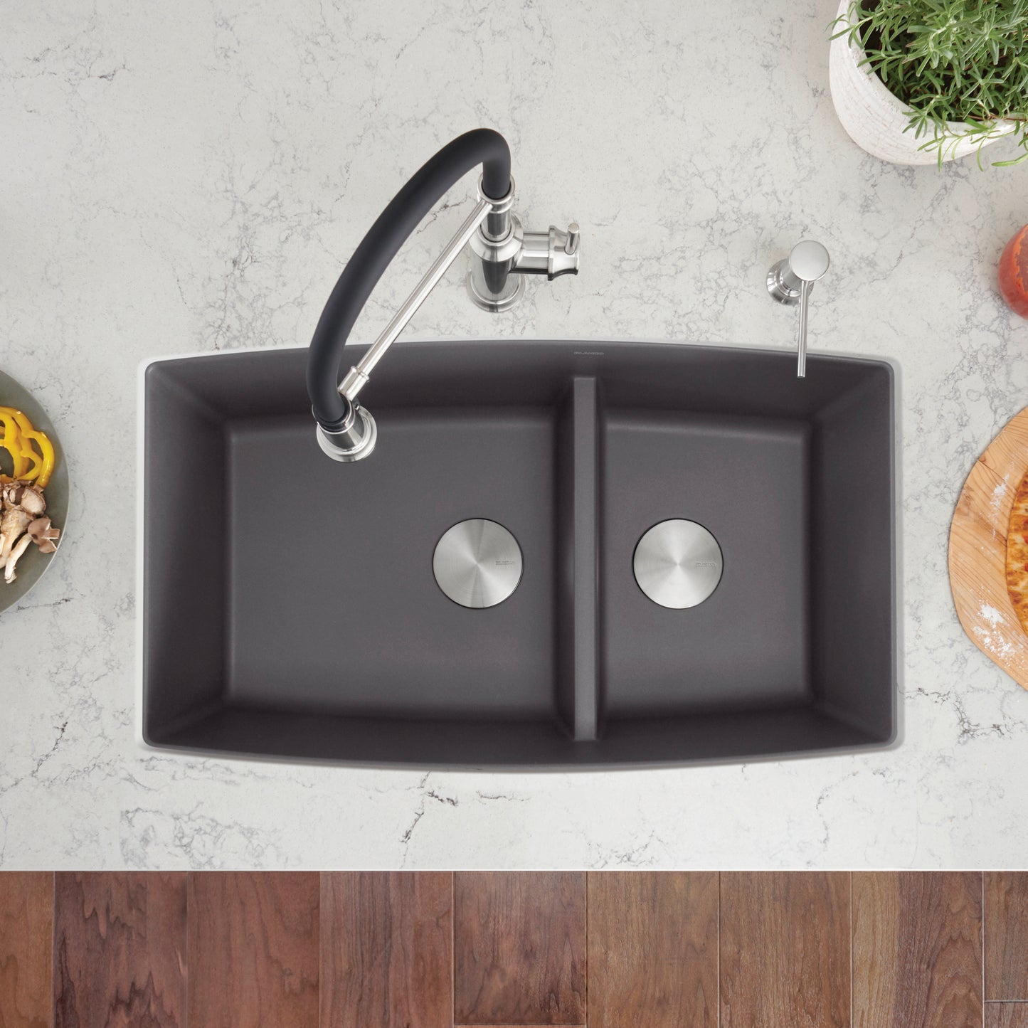 BLANCO Performa SILGRANIT 33" 60/40 Double Bowl Undermount Kitchen Sink with Low Divide top view, featuring deep basins.