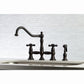 Kingston KS3277AXBS Restoration Bridge Kitchen Faucet with Brass Sprayer, Brushed Brass in traditional design