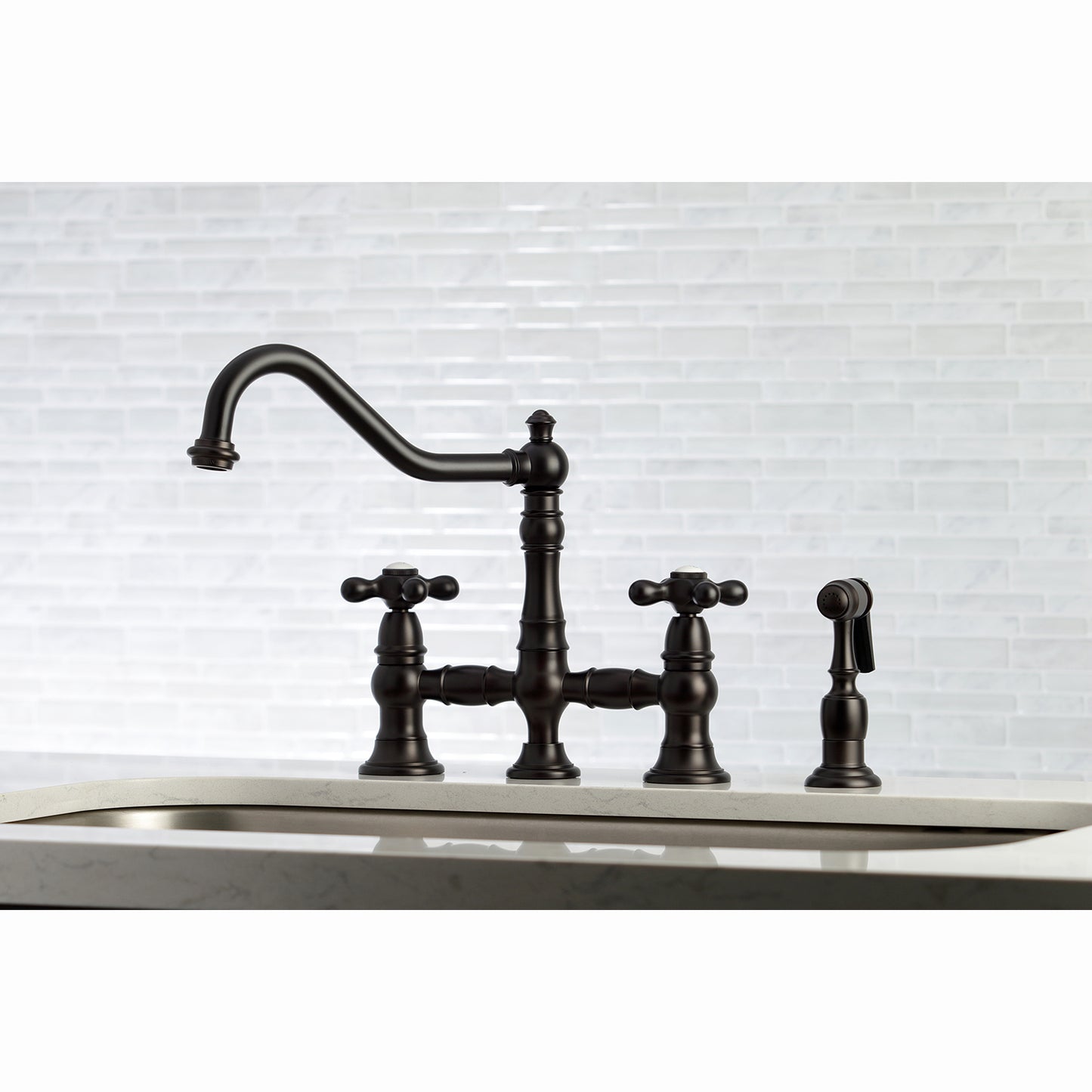 Kingston KS3277AXBS Restoration Bridge Kitchen Faucet with Brass Sprayer, Brushed Brass in traditional design