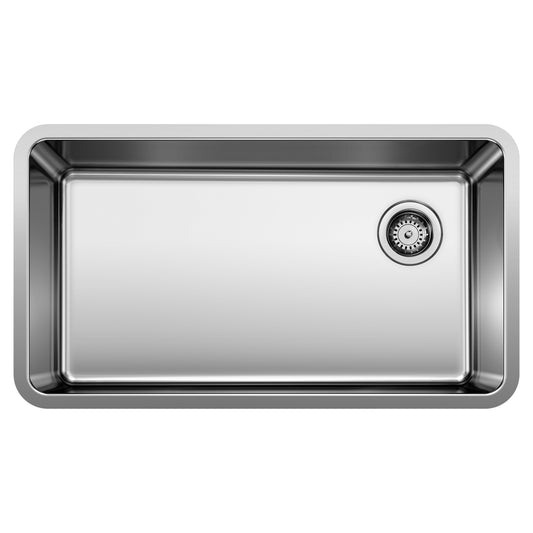 BLANCO Formera 33" Super Single Undermount Stainless Steel Kitchen Sink with polished surface and drain.