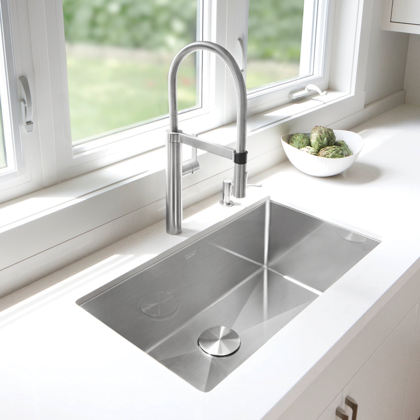 BLANCO Precision R10 32" Super Single Bowl Undermount Stainless Steel Kitchen Sink with modern faucet and window view.