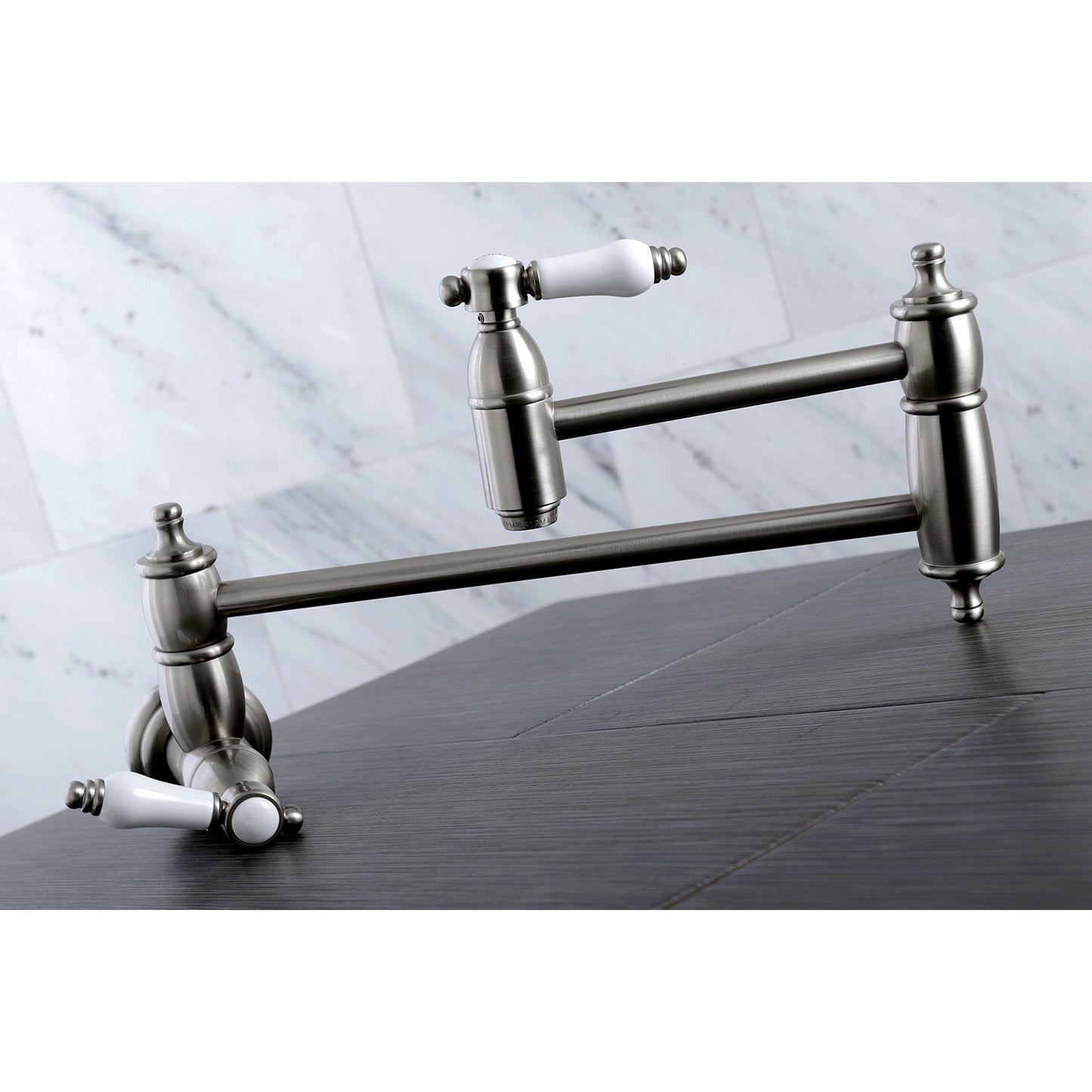 Kingston Brass KS3103BPL Bel-Air Wall Mount Pot Filler Faucet, Antique Brass with white porcelain levers and swing arms