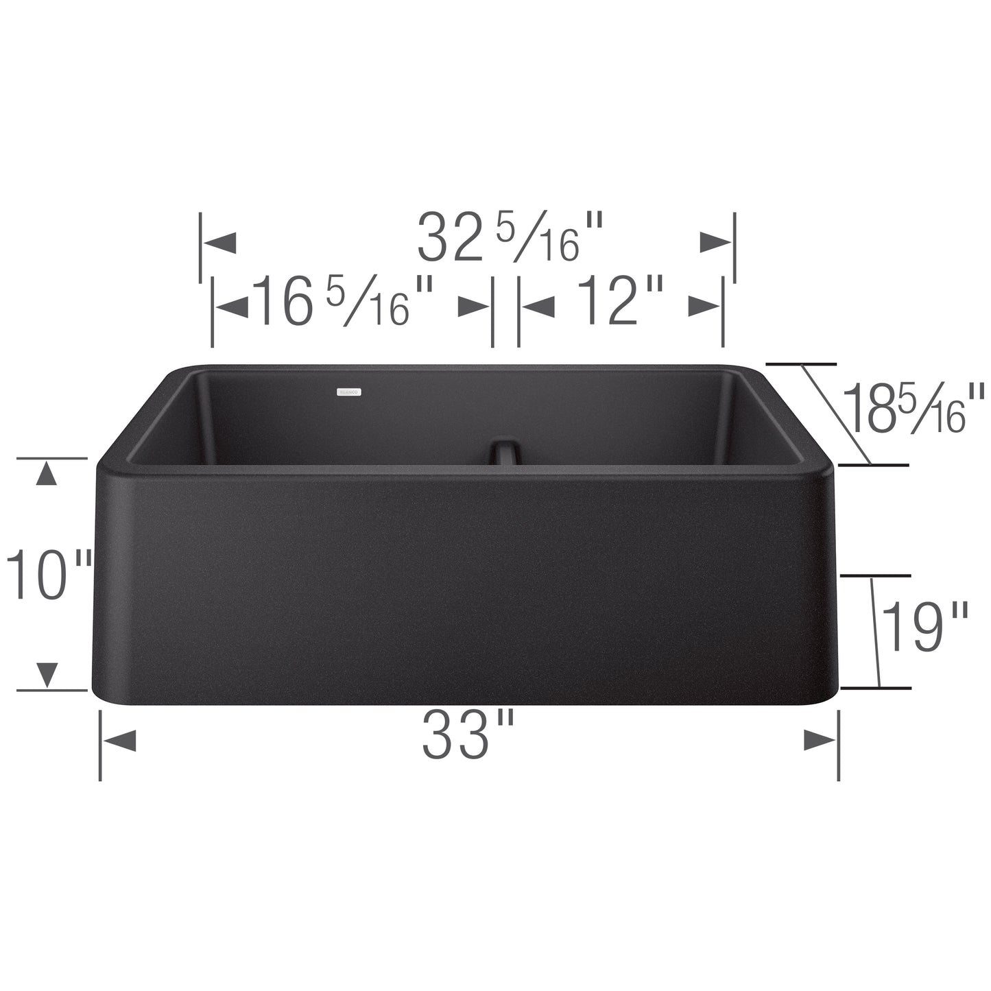 BLANCO Ikon SILGRANIT 33" Double Bowl Apron-Front Farmhouse Sink with Low Divide dimensions and specifications.