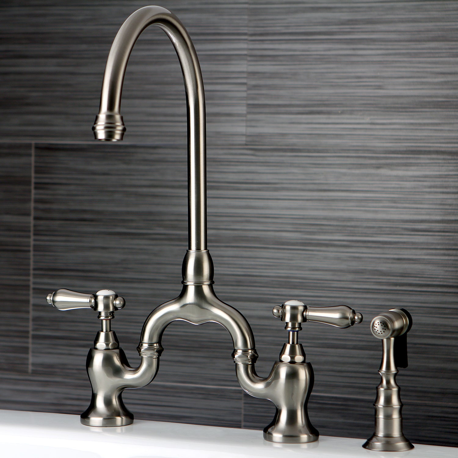 Kingston KS7793BALBS Heirloom Bridge Kitchen Faucet with Brass Sprayer, Antique Brass