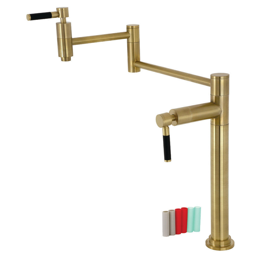 Kingston Brass KS8707DKL Kaiser Deck Mount Pot Filler Faucet, Brushed Brass with black silicone handles.