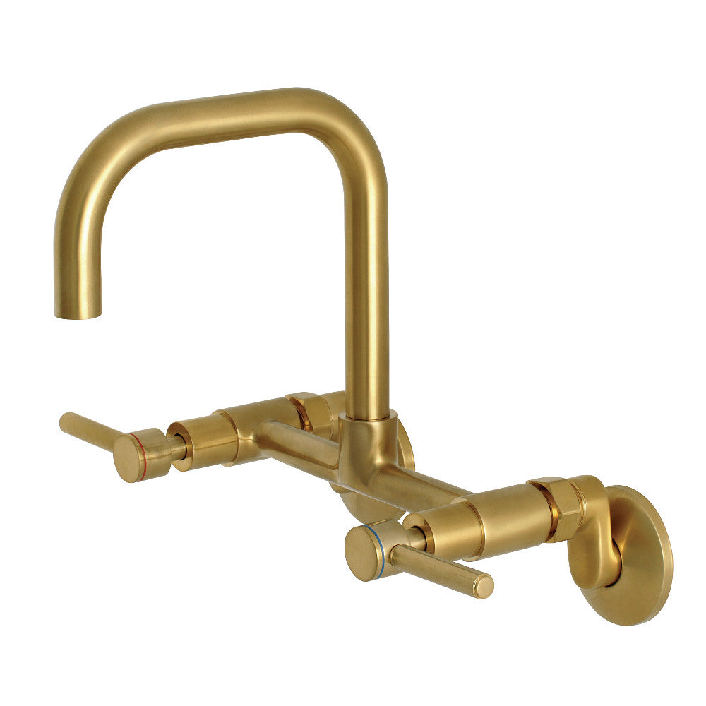Kingston Brass KS813SB Concord Wall Mount Bridge Kitchen Faucet in brushed brass, showcasing modern design and sleek cylindrical styling.