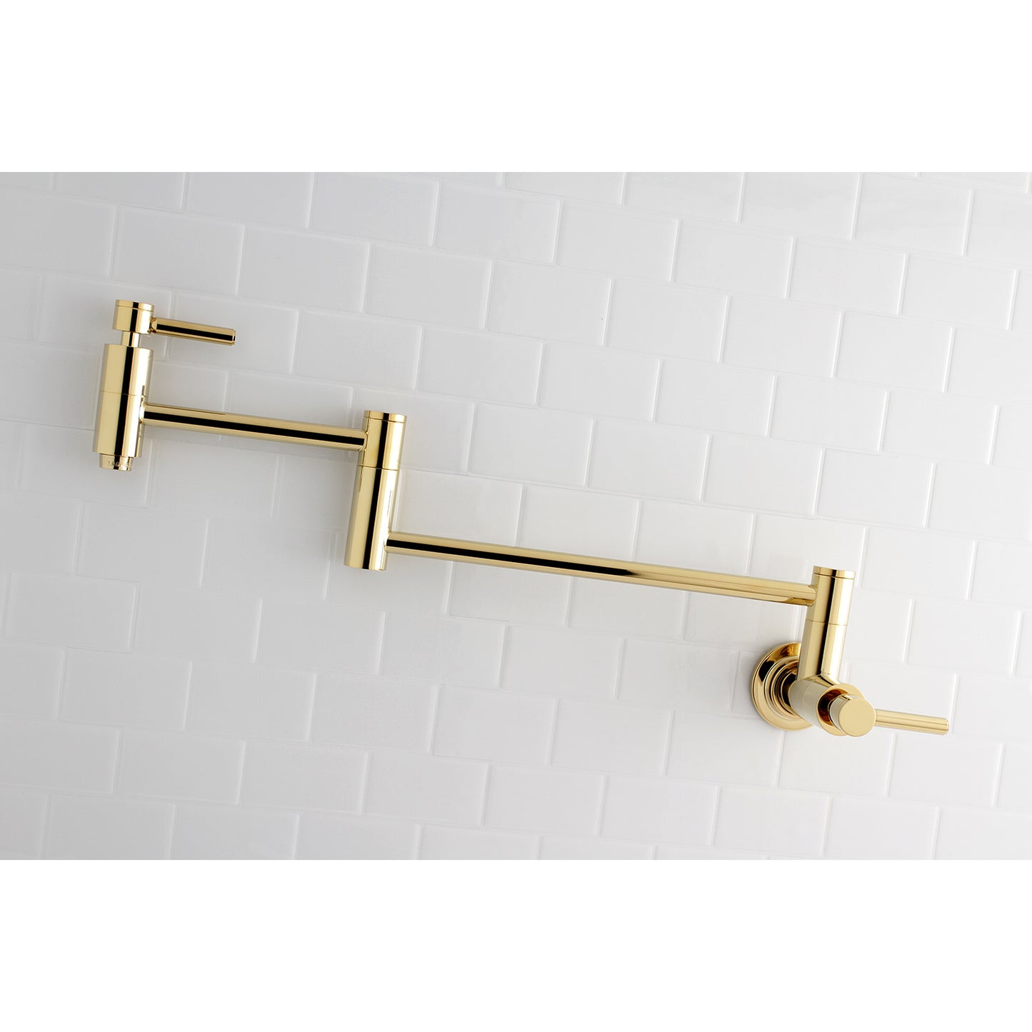 Kingston Brass KS8103DL Concord Wall Mount Pot Filler Faucet, Antique Brass with sleek cylindrical design.