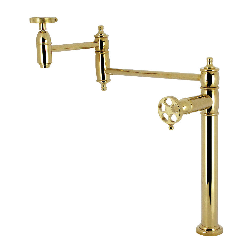 Kingston Brass KS3703RKZ Wendell Deck Mount Pot Filler Faucet with Knurled Handle, Antique Brass in polished brass finish.