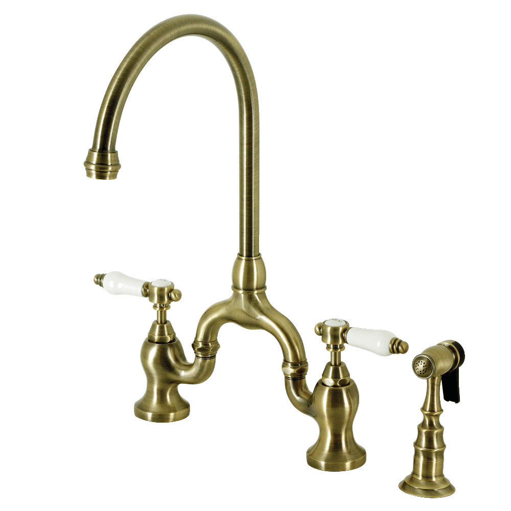 Kingston KS7793BPLBS Bel-Air Bridge Kitchen Faucet with Brass Sprayer, Antique Brass - elegant Victorian design